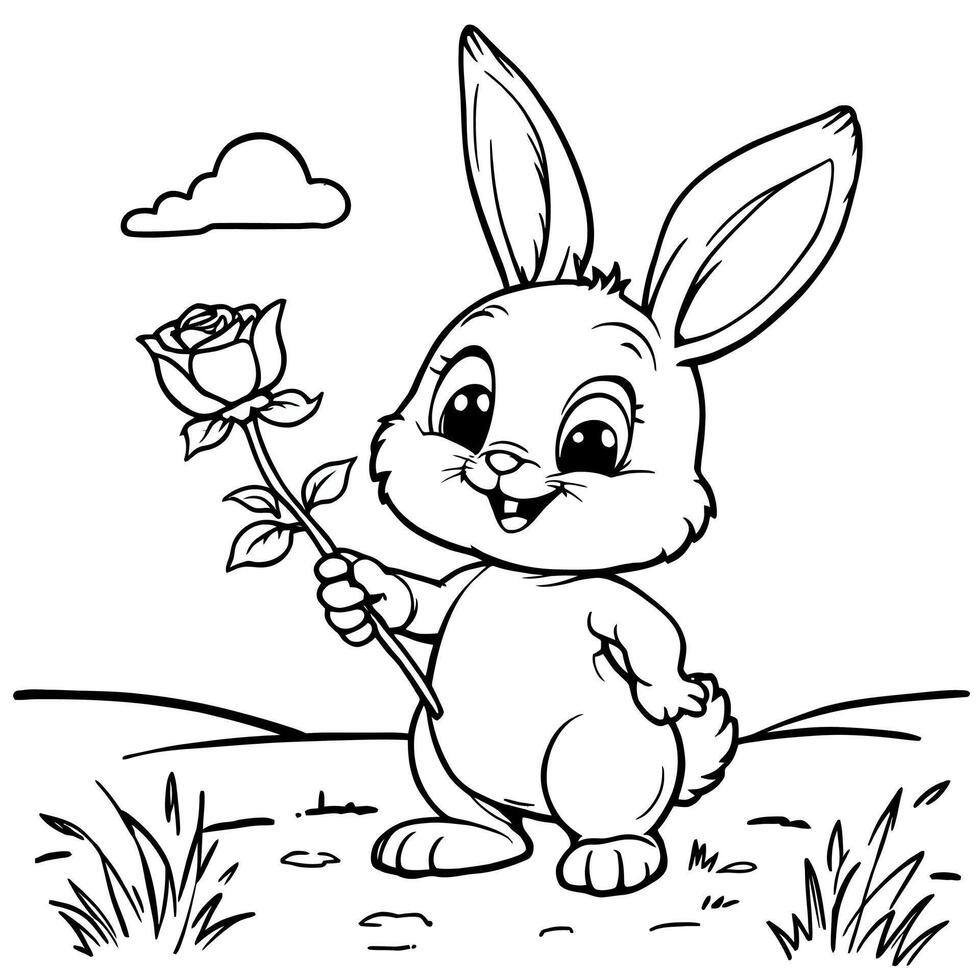 Adorable Cartoon Bunny Holding a Beautiful Rose in a Grassy Field Under a Cloudy Sky Line Art Coloring Page vector