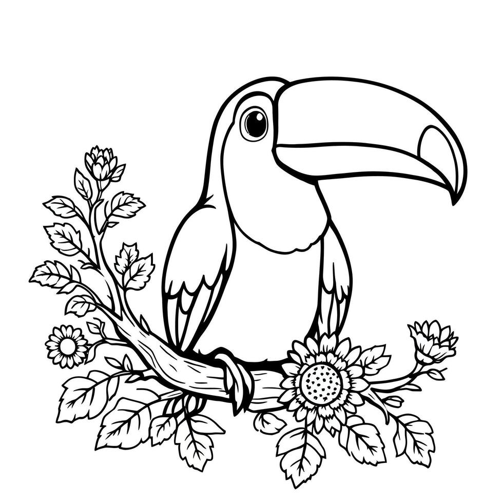Charming Toucan Perched on a Branch Surrounded by Blooming Flowers A Delightful Line Art Coloring Page for All Ages vector
