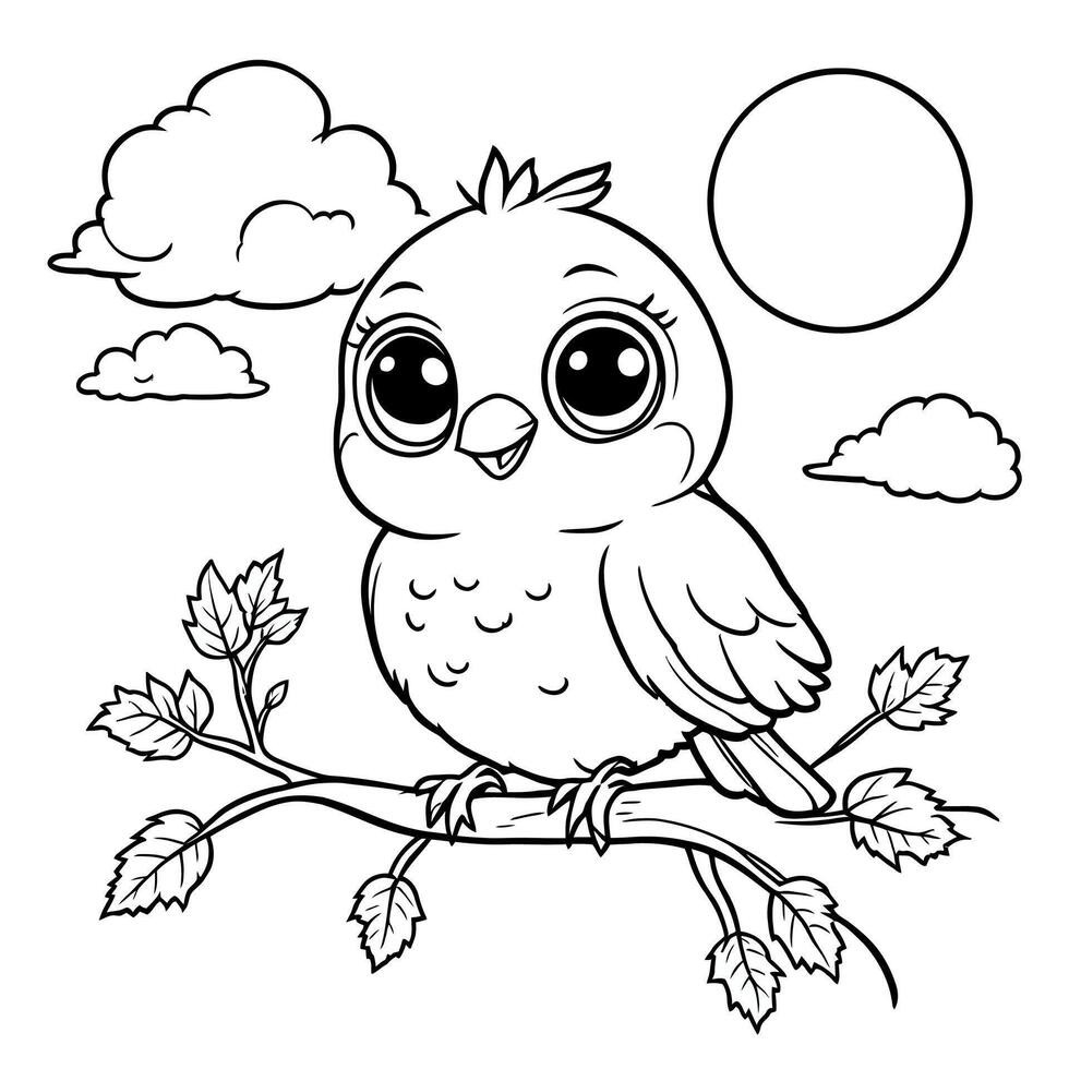 Cute Baby Bird Sitting on a Tree Branch Under the Sun and Clouds Simple Line Art Coloring Page vector