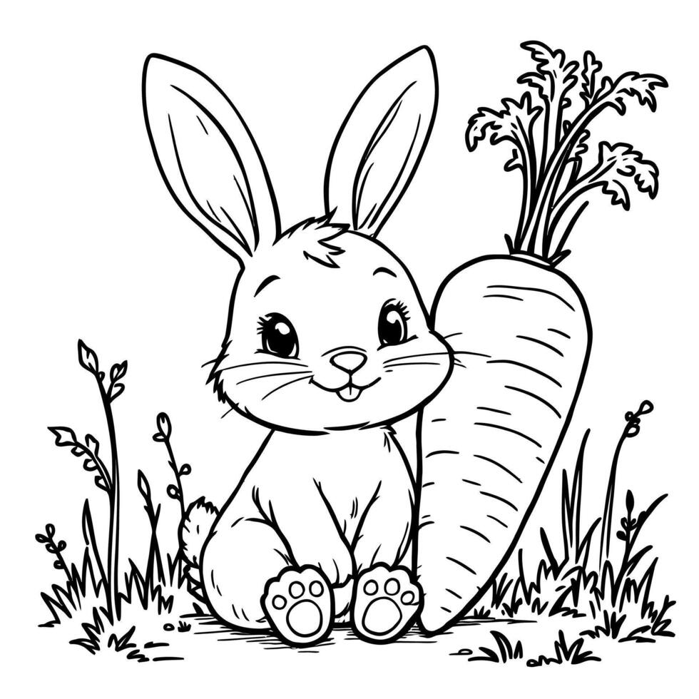 Adorable Baby Bunny Sitting Next to a Giant Carrot Surrounded by Grass and Small Plants a Cute Line Art Coloring Page vector