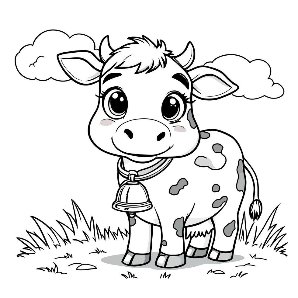 Cute Baby Calf Standing in a Grassy Field with Clouds Overhead in a Simple Line Art Design vector