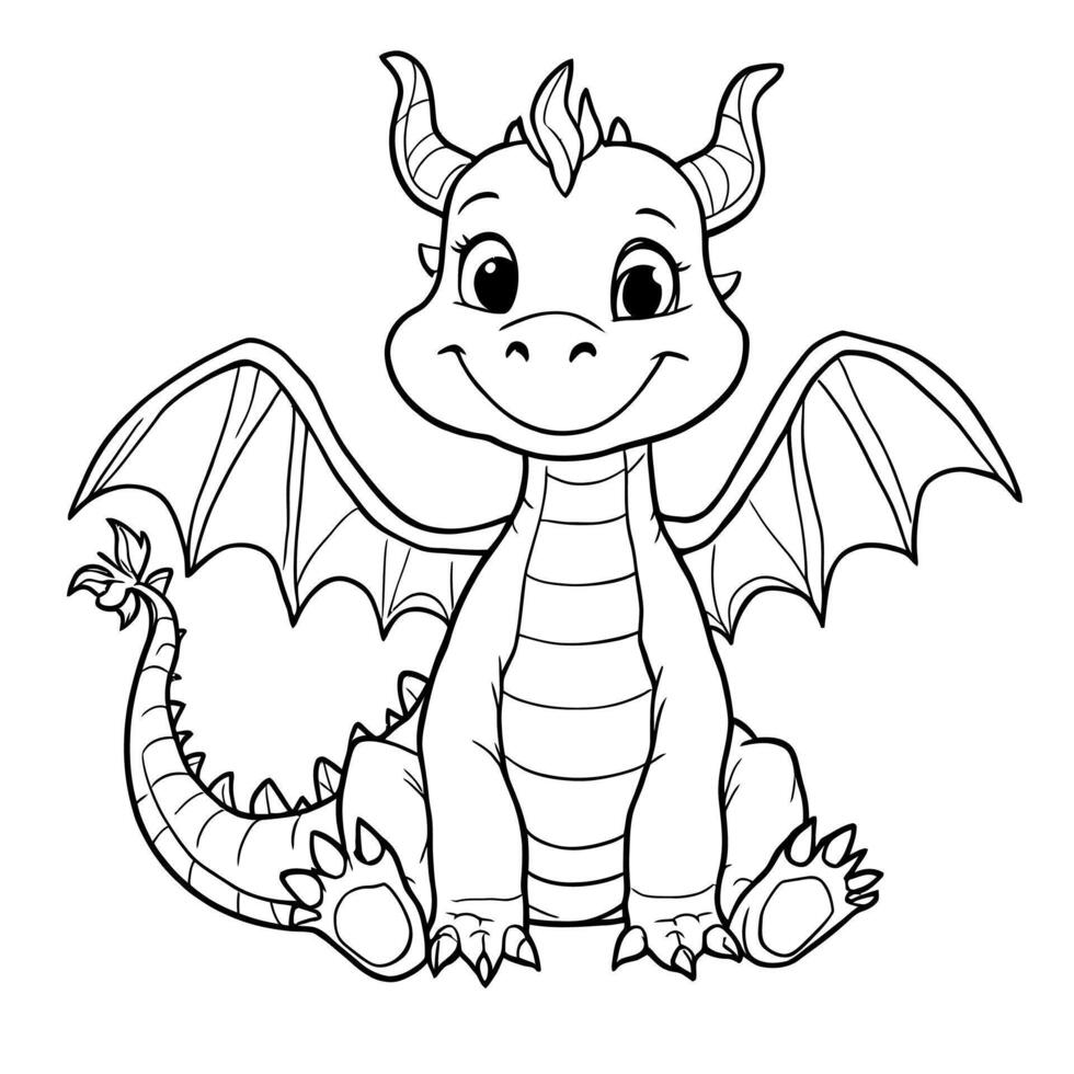 Cute Baby Dragon Sitting Open Mouth Smiling Wings Spread Out Big Eyes Happy Magical Creature Fantasy Line Art Coloring Book Page For Kids And Adults vector