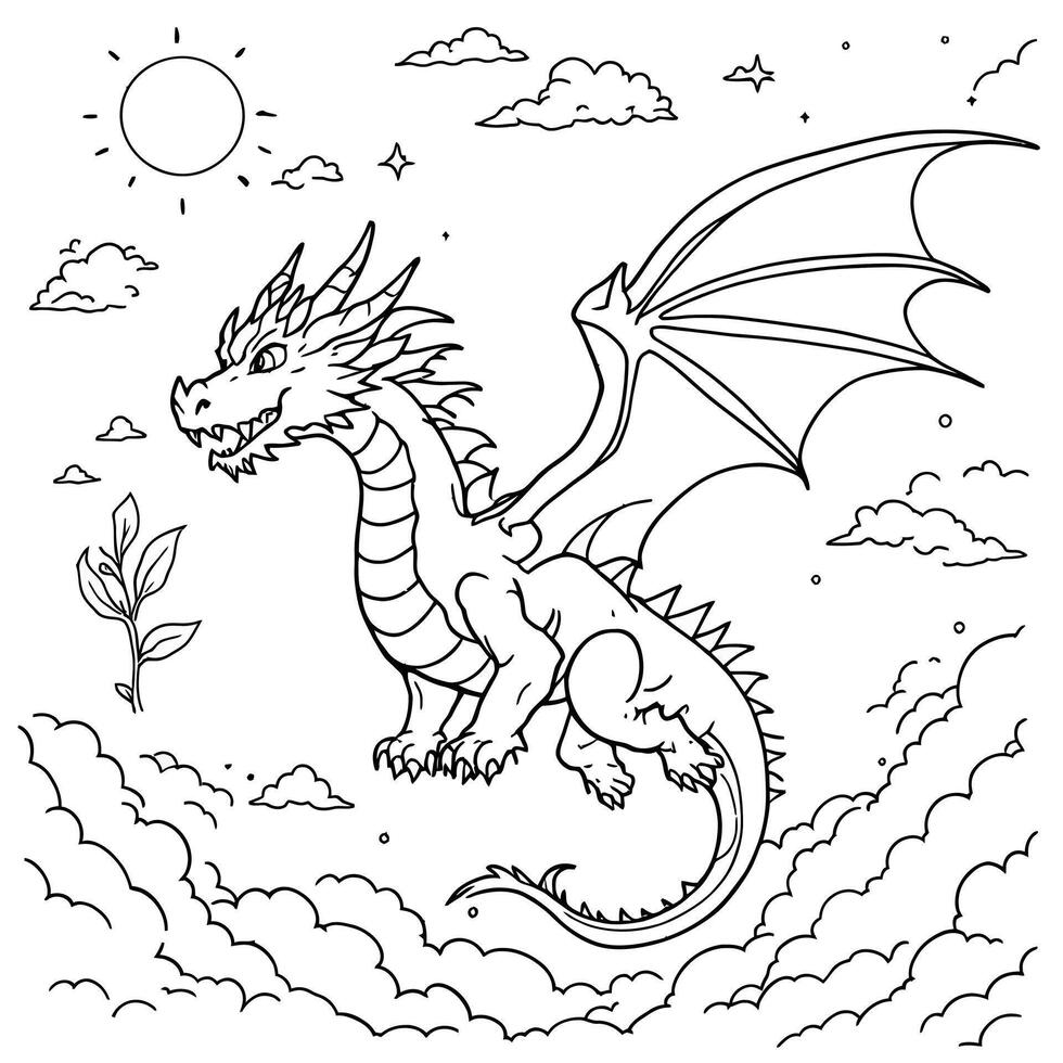 A Majestic Dragon Flying Through the Sky Amidst Clouds and Sunshine Perfect for Coloring vector