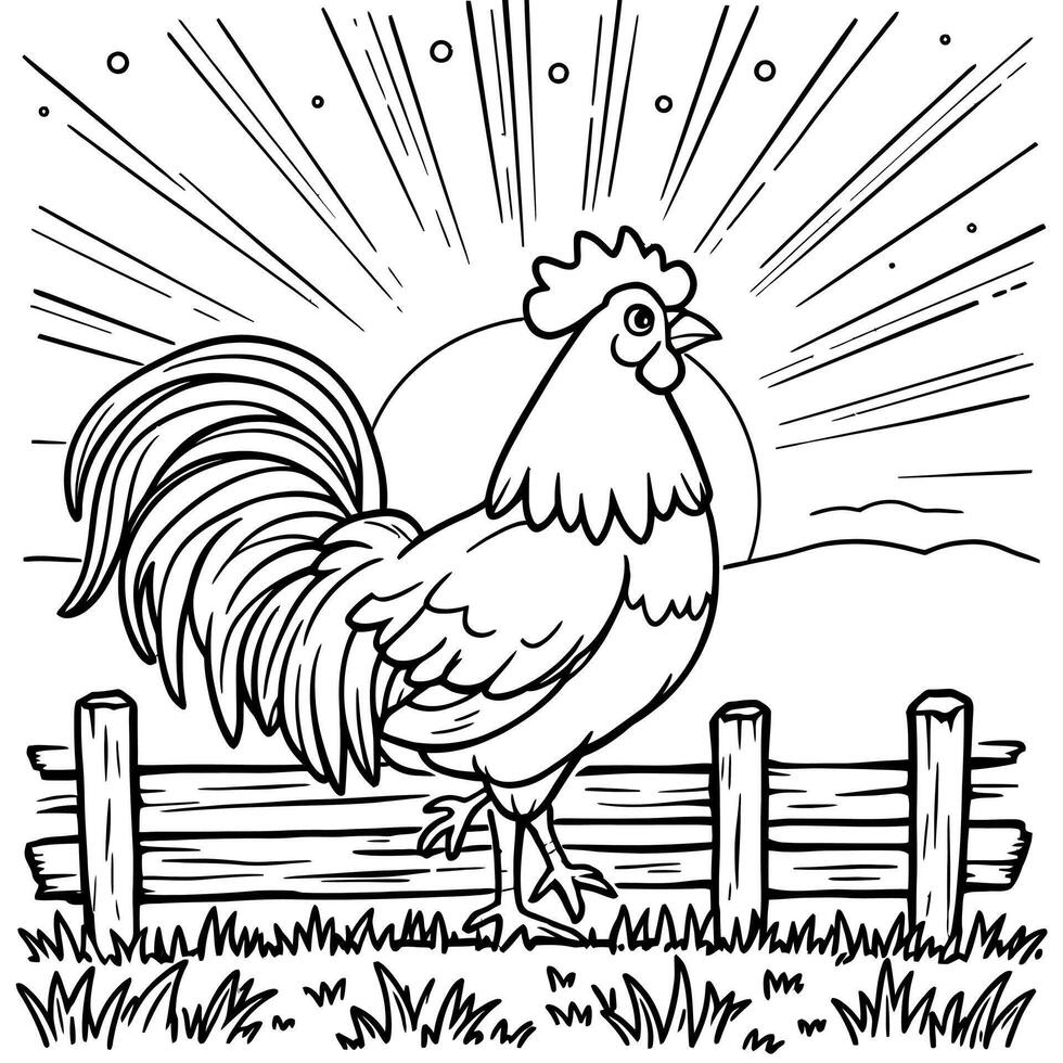Rooster Crowing at Sunrise on a Farm Coloring Page for Kids and Adults vector