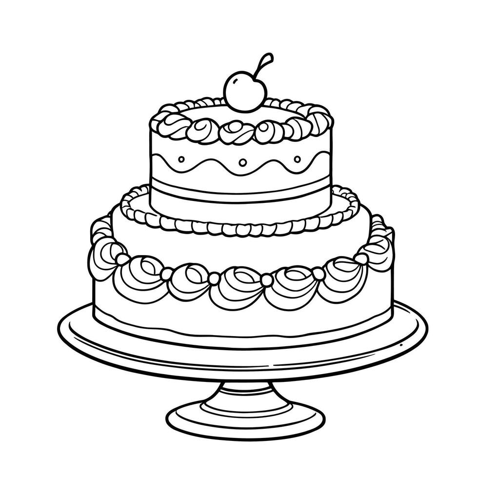 Elegant Two Tiered Birthday Celebration Cake with Cherry on Top Easy to Color Outline vector