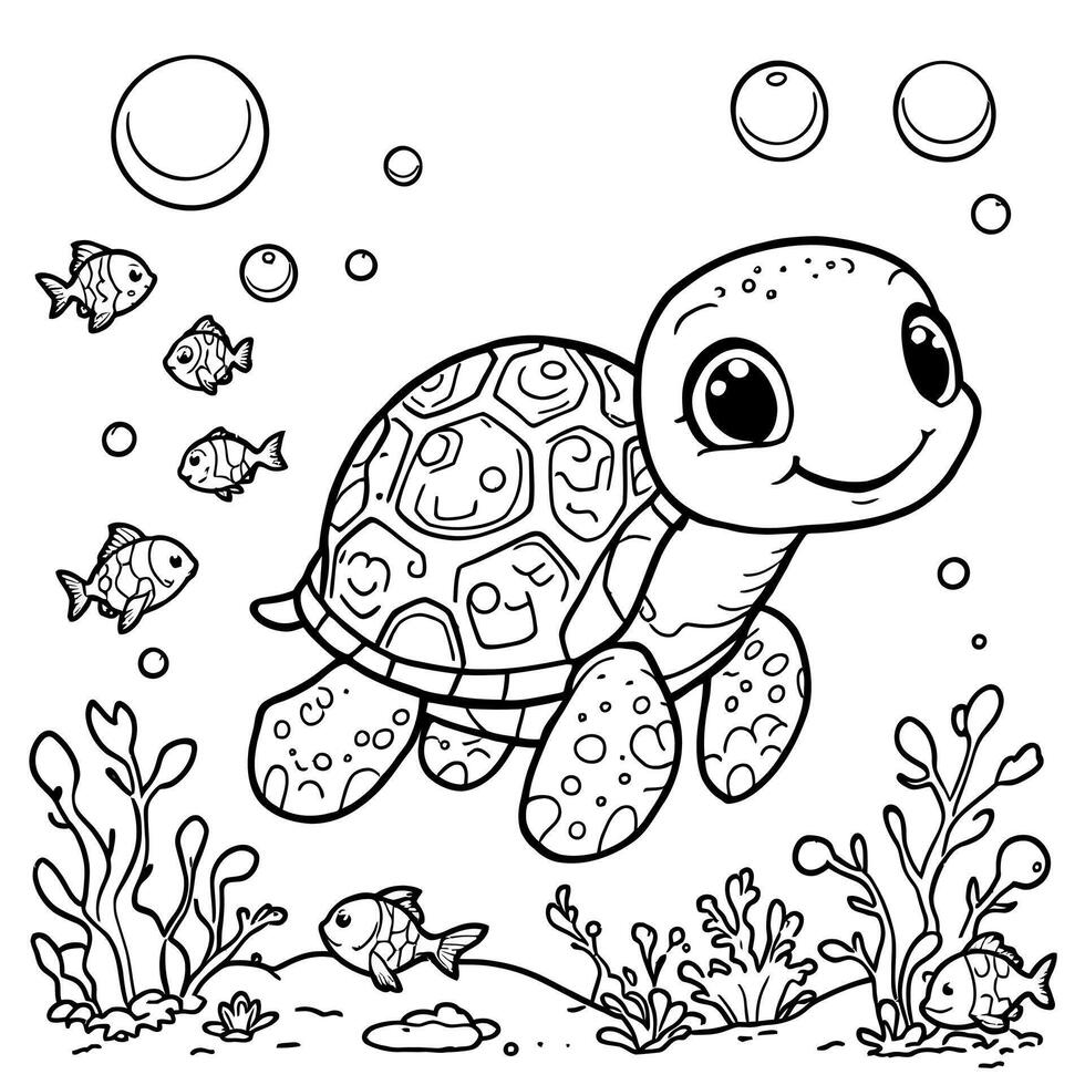 Cute Cartoon Turtle Swimming Underwater with Small Fish and Seaweed for Children Coloring Book Page vector