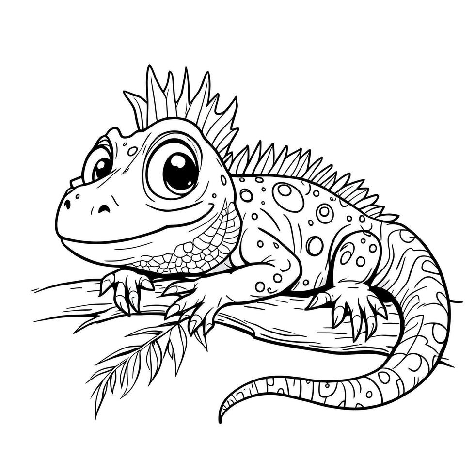 Adorable Cartoon Lizard Perched on a Tree Branch Fun Line Art Coloring Page for Kids and Adults vector