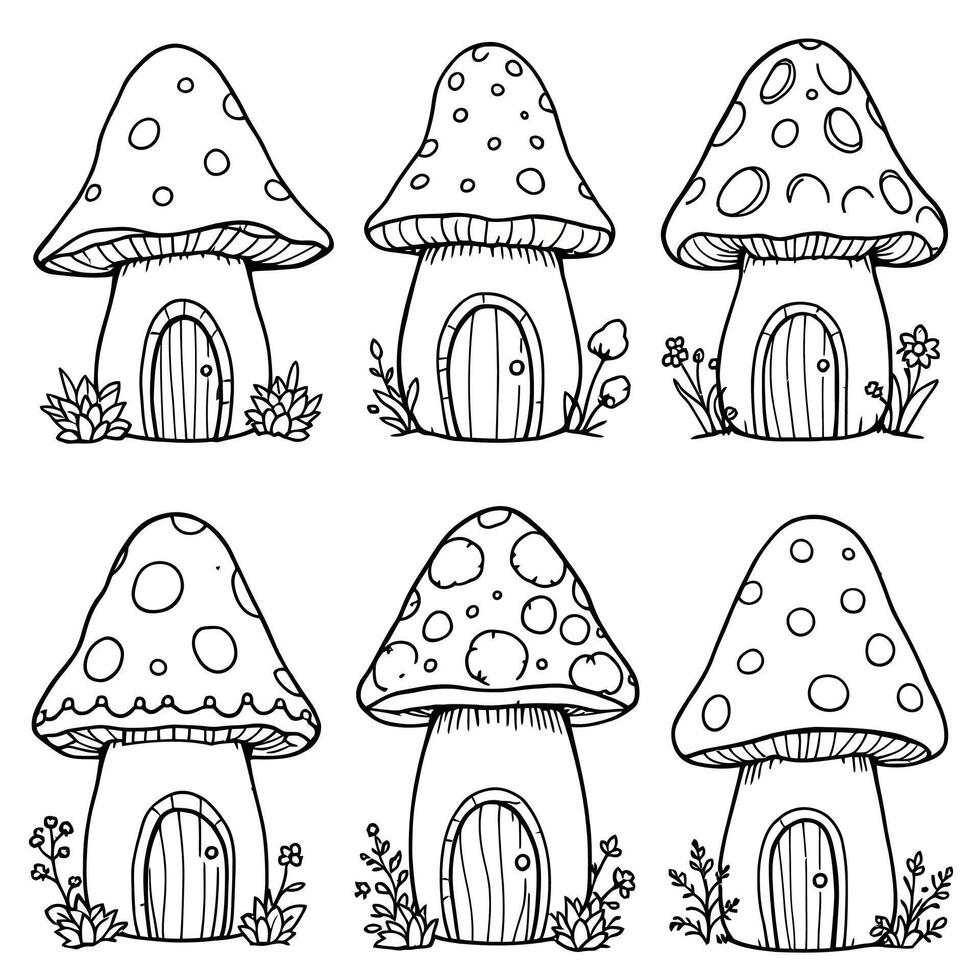Whimsical Mushroom Houses for Enchanting Line Art Coloring Pages and Illustrations vector