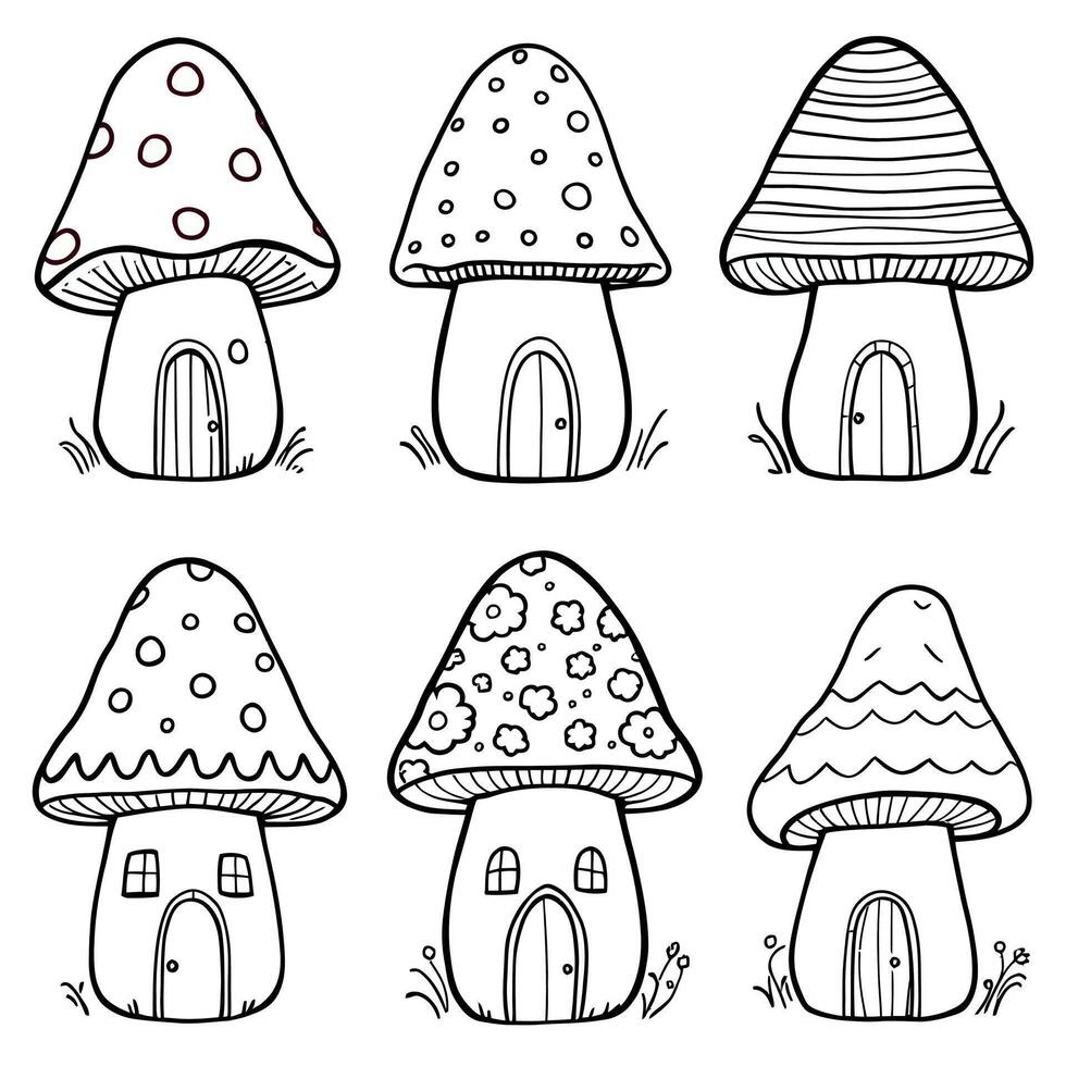 Whimsical Woodland Mushroom Houses Enchanting Line Art Coloring Page for Creative Fun vector