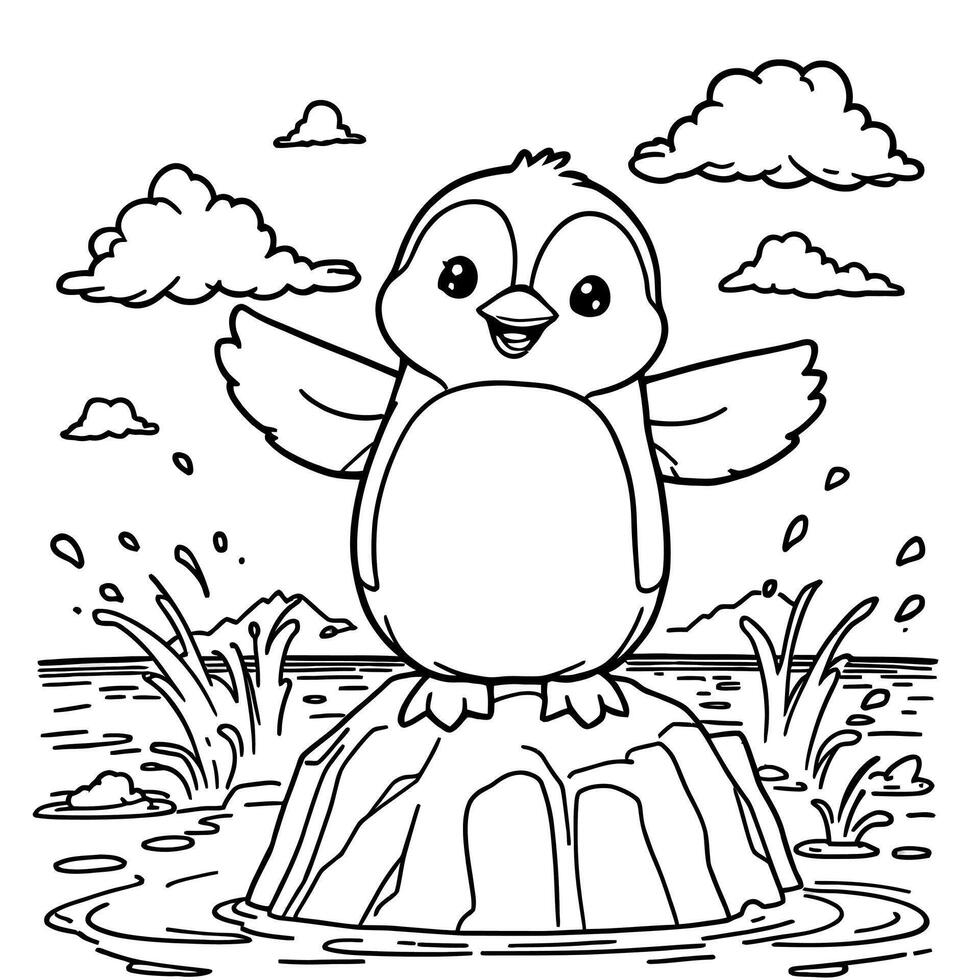 A Cute Penguin Standing on Ice Floating in Water with Waves and Clouds Above Simple Line Art Coloring Page Illustration vector