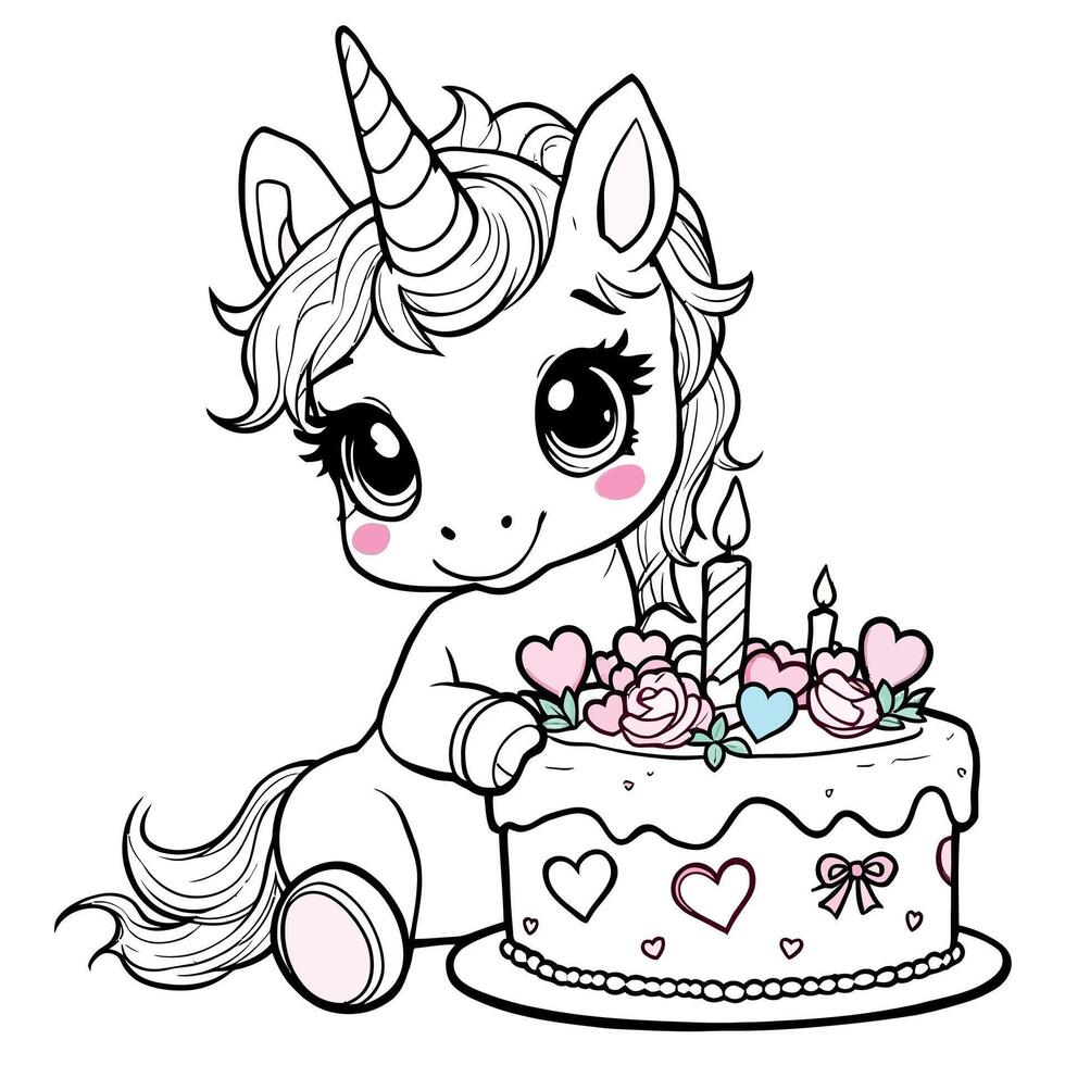 Adorable Baby Unicorn with Birthday Cake Line Art Coloring Page for Kids vector