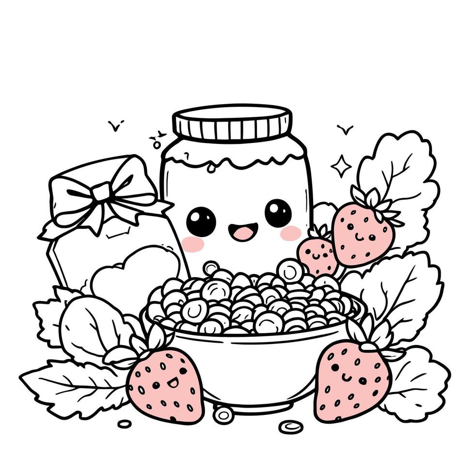 Cute Kawaii Cereal Bowl with Strawberries and Jam Jar Line Art Coloring Page Illustration vector