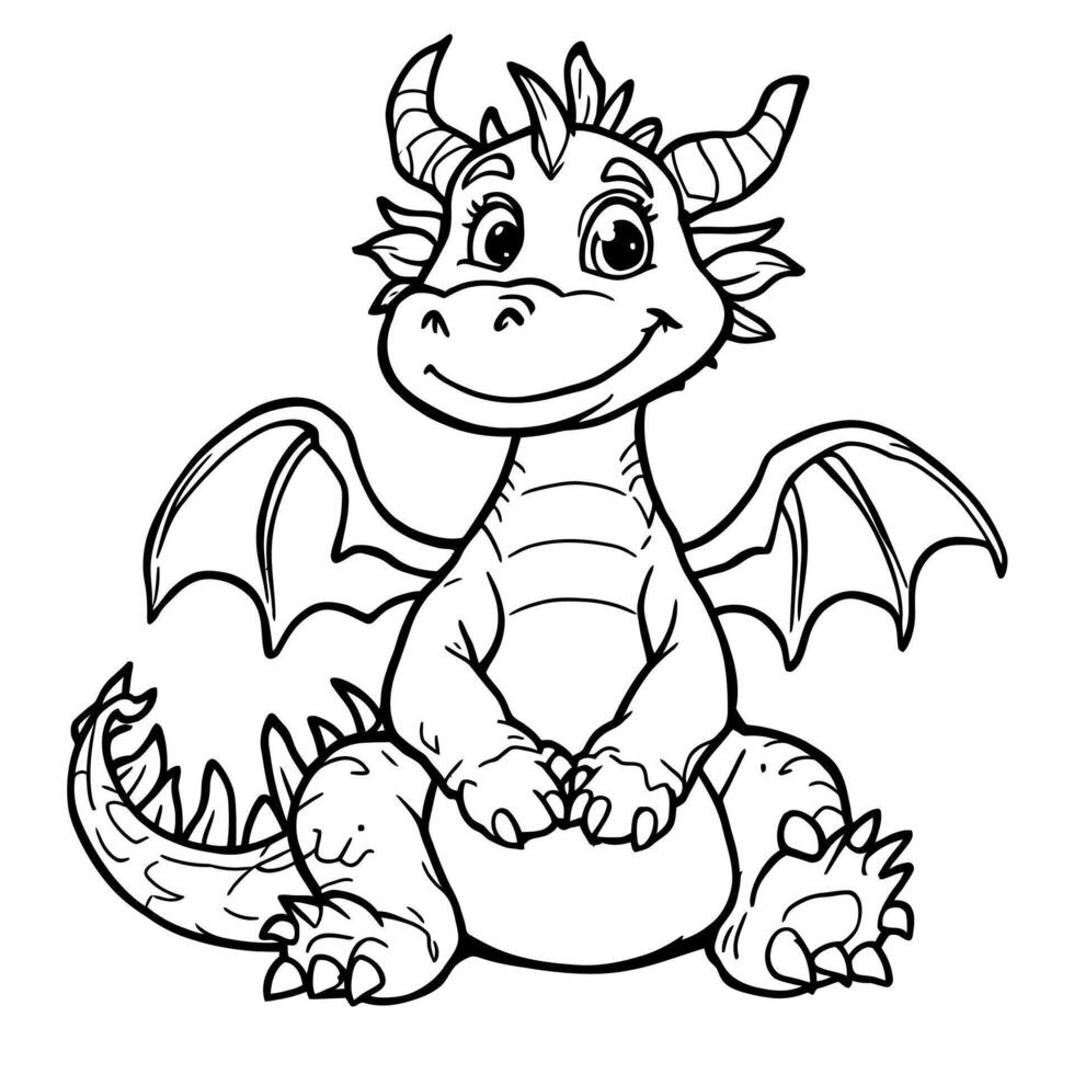 Cute Baby Dragon Sitting with Spreading Wings for Children Coloring Book Line Art Illustration vector