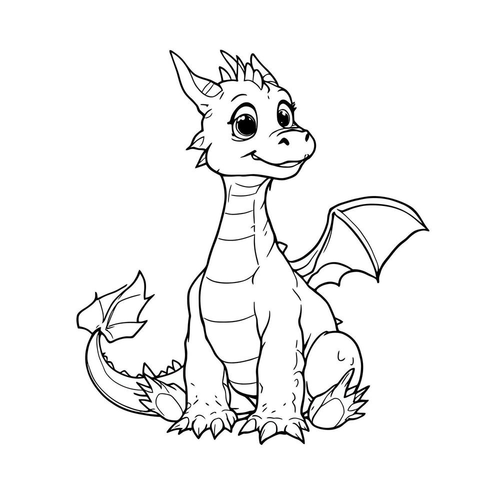 Cute Little Baby Dragon Sitting Down Looking Very Happy and Friendly for Coloring Book Fun vector