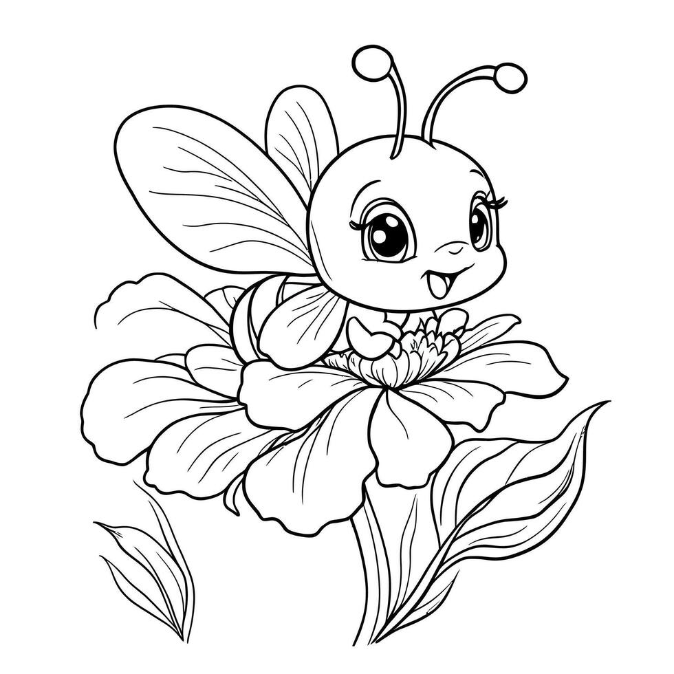 Cute Baby Bee Sitting on a Large Flower Surrounded by Leaves and Smaller Leaves vector