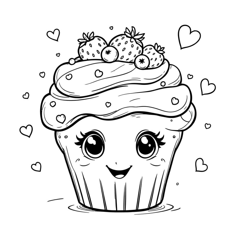 Cute Kawaii Cupcake With Strawberries And Blueberries Adorable Dessert For Kids Coloring Page vector