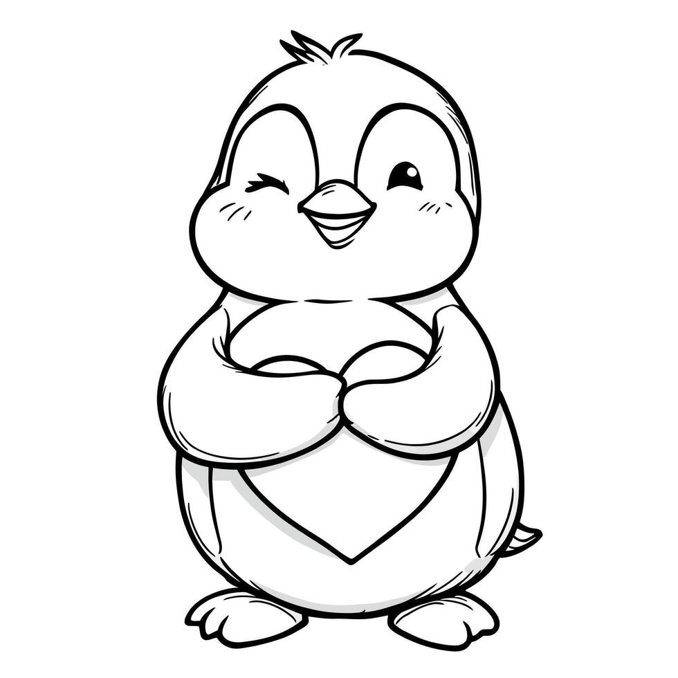 Adorable Cartoon Penguin Holding a Heart Shape Line Art for Coloring Pages and Graphics vector