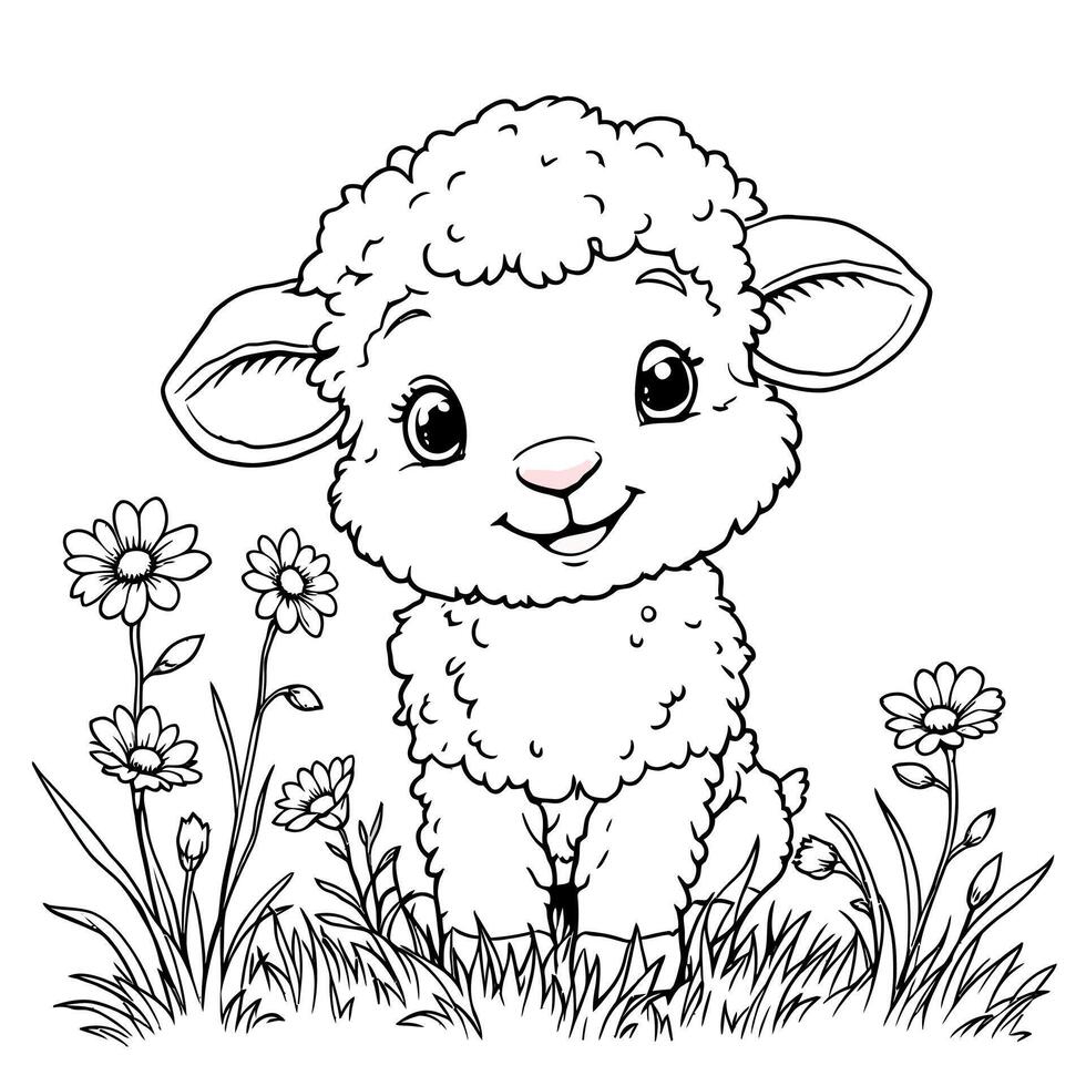 Adorable Cute Baby Sheep Sitting in Field of Flowers for Line Art Coloring Page vector