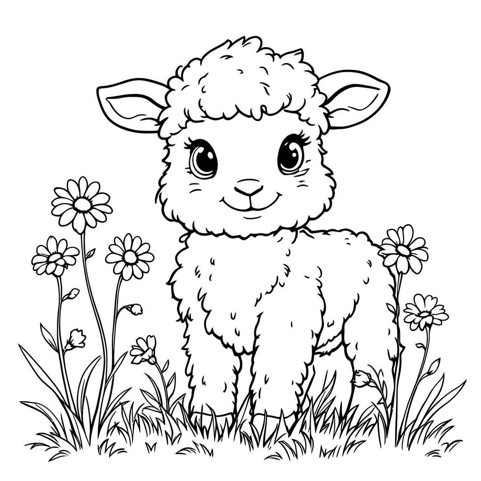 Cute Fluffy Baby Lamb Standing Among Wildflowers and Grass a Charming Line Art Coloring Page for Children vector