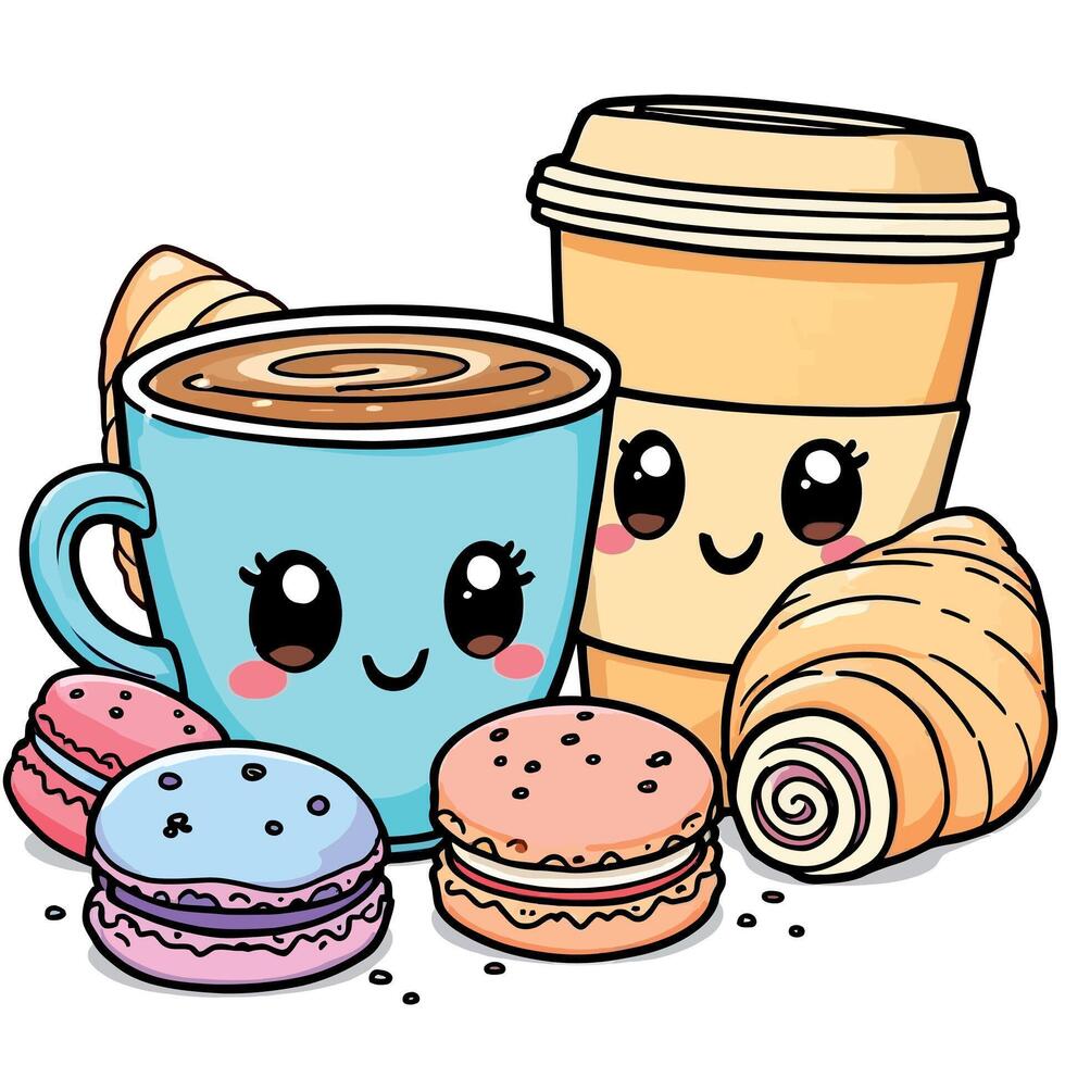 Adorable Kawaii Coffee Cup and Croissant Illustration for Coloring Book Pages vector