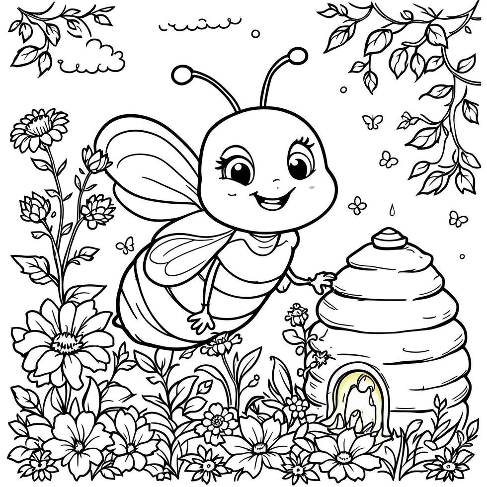 Adorable Cartoon Bee Flying Near a Beehive Surrounded by Beautiful Flowers and Greenery for a Coloring Activity vector