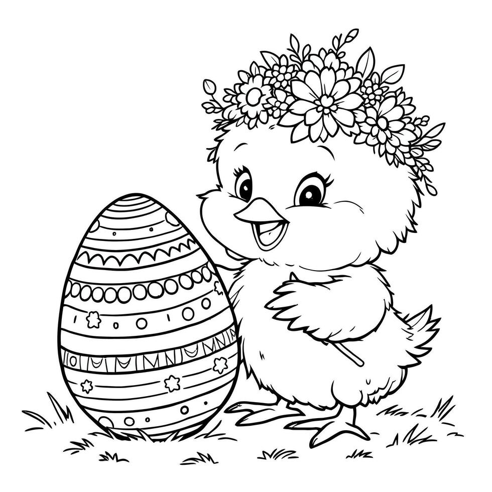 Adorable baby chick with a floral crown next to a beautifully decorated Easter egg for coloring vector