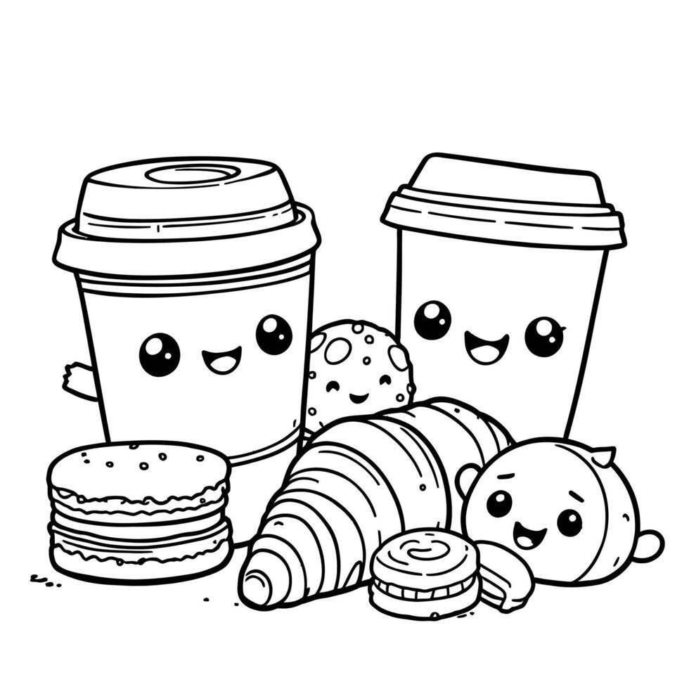 Cute Kawaii Coffee Cups Croissants Cookies and Pastries Coloring Book Page for Kids and Adults vector
