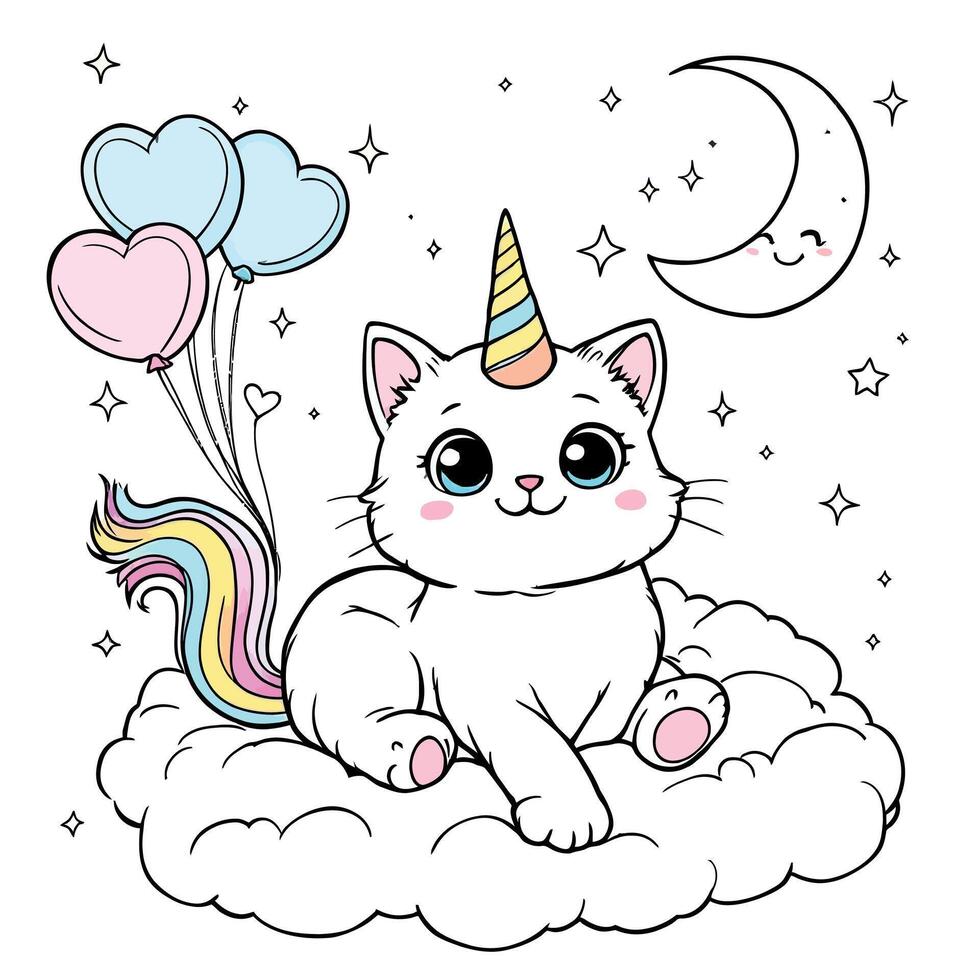 Whimsical Unicorn Cat Floating on a Cloud Under a Crescent Moon with Colorful Balloons and Stars Line Art Coloring Page vector