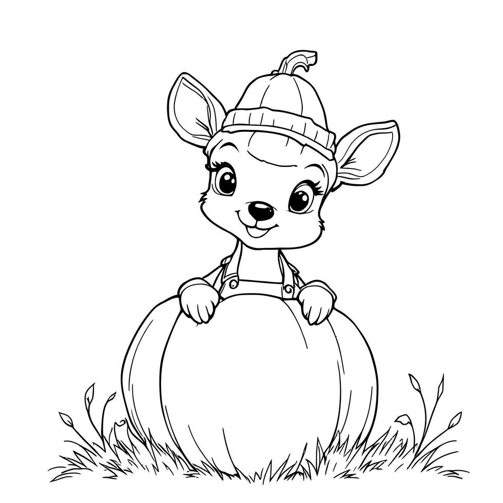 Cute Little Deer Wearing a Hat Peeking Over a Pumpkin Autumn Themed Line Art Coloring Page vector