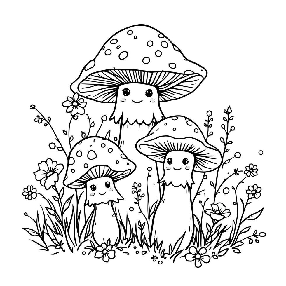 Cute Whimsical Mushroom Family Enjoying a Peaceful Day in the Enchanted Forest Garden vector