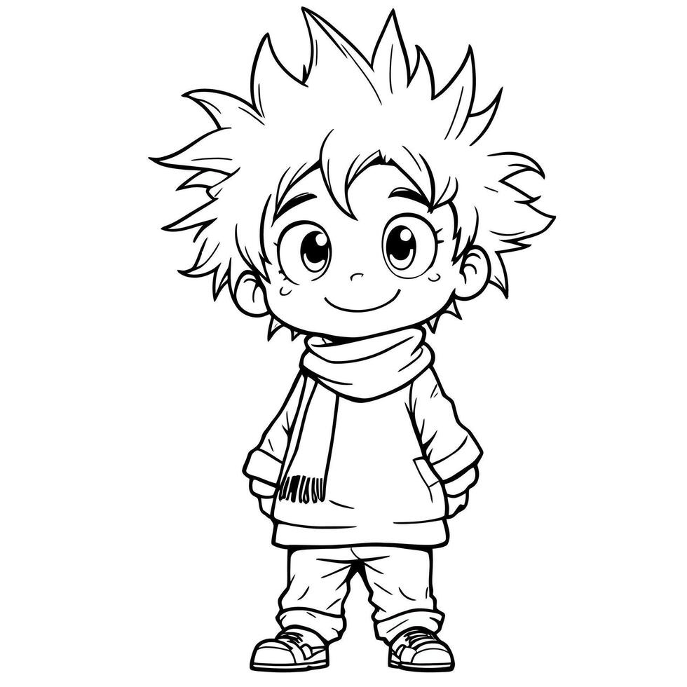 Adorable Chibi Boy with Spiky Hair Wearing a Scarf and Hoodie Coloring Page vector