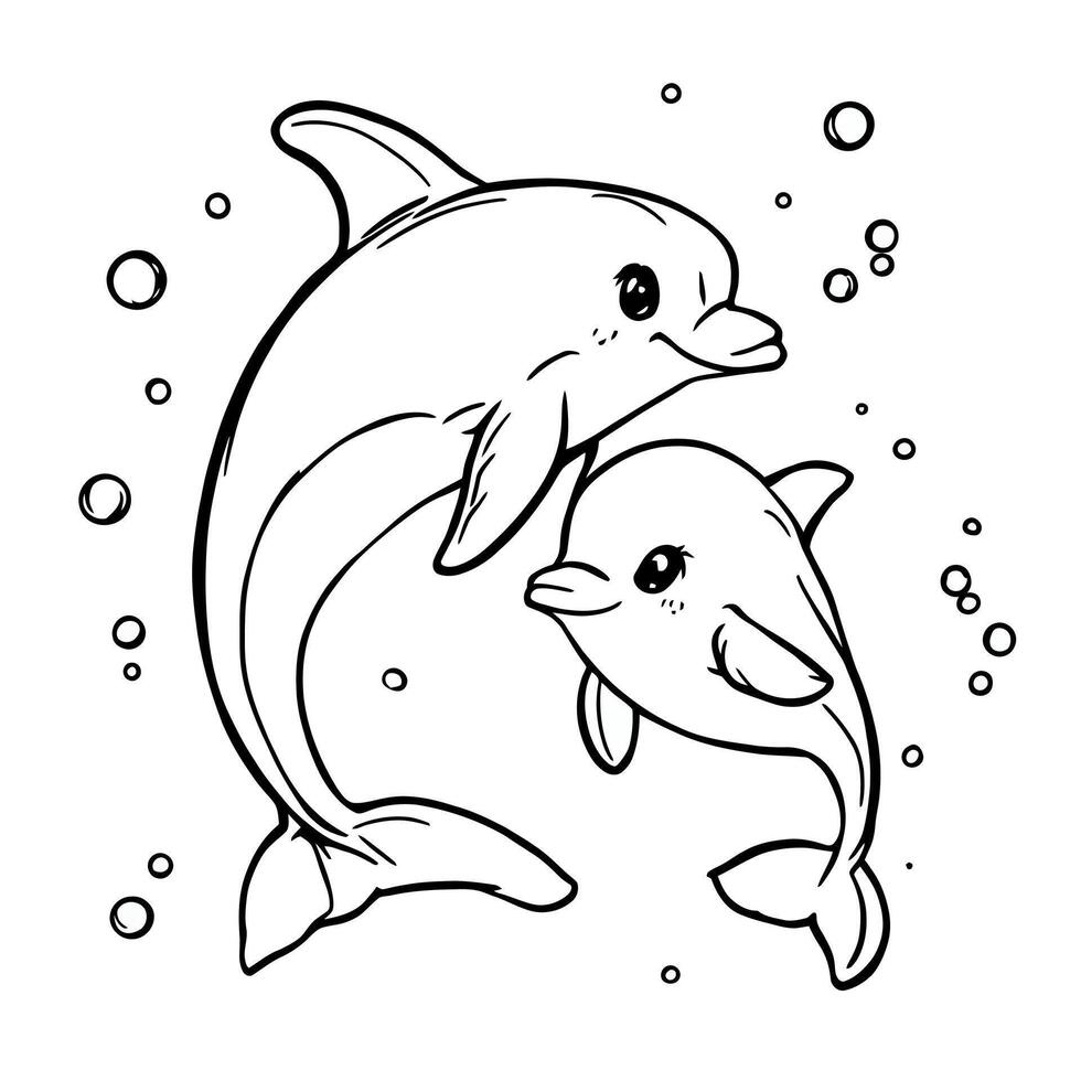 Adorable Pair of Dolphins Swimming Together Creating Happy Bubbles in the Ocean Water for Coloring Fun vector