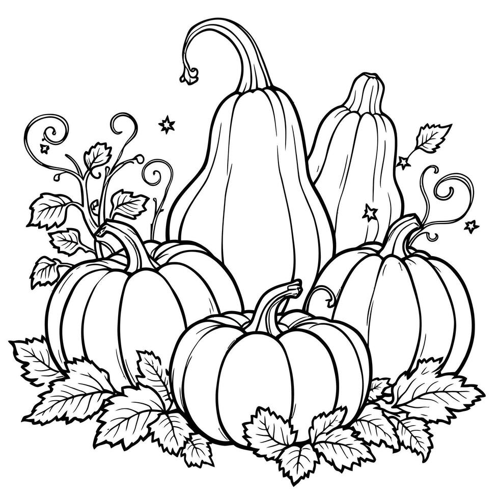 Whimsical Autumn Harvest Pumpkins and Gourds Line Art for Coloring Fun vector
