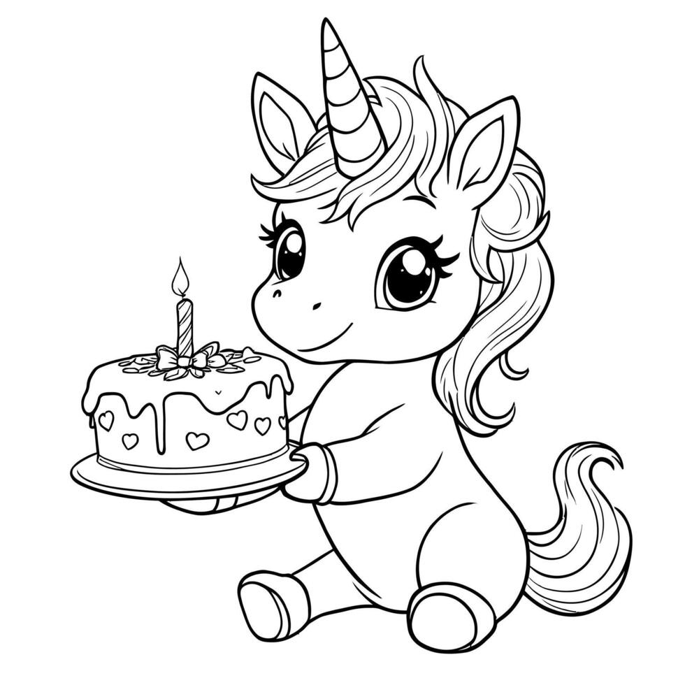 Cute Baby Unicorn Holding a Birthday Cake with Candle Line Art Coloring Page for Kids vector