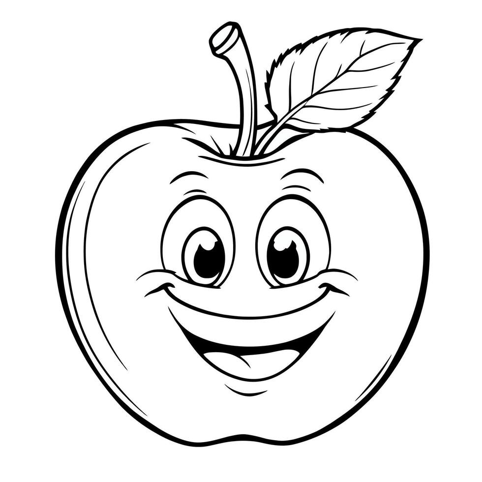 Adorable Cartoon Apple Character with Smiling Face Line Art Coloring Page Illustration vector