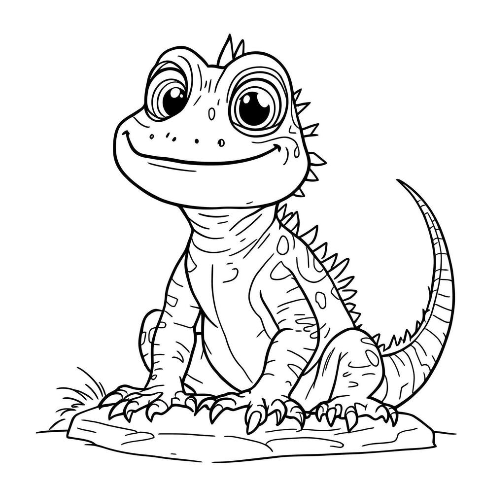 Adorable Baby Lizard Sitting on a Rock Line Art Coloring Page for Kids and Adults vector