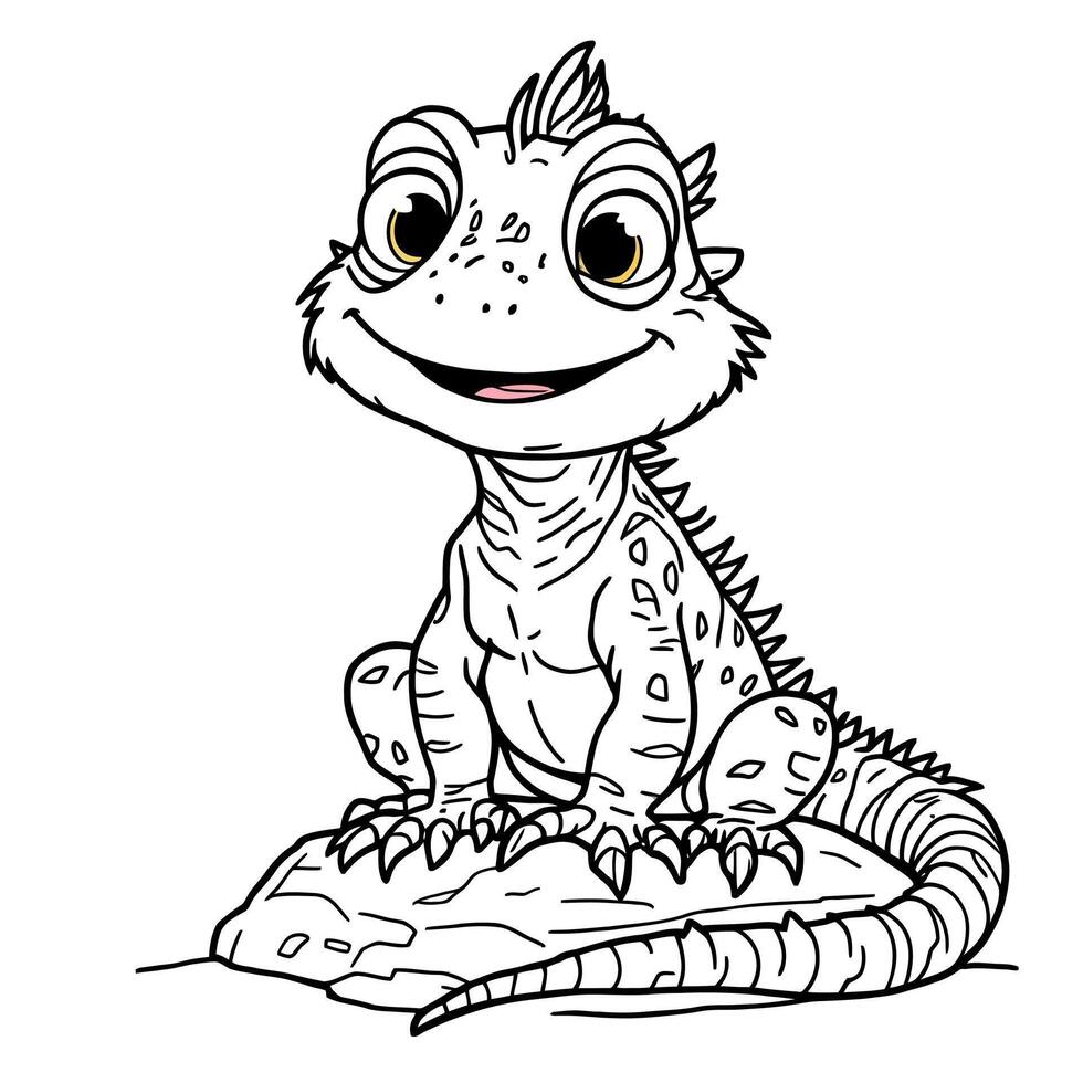 Adorable Little Lizard Sitting on a Rock for Coloring Fun vector