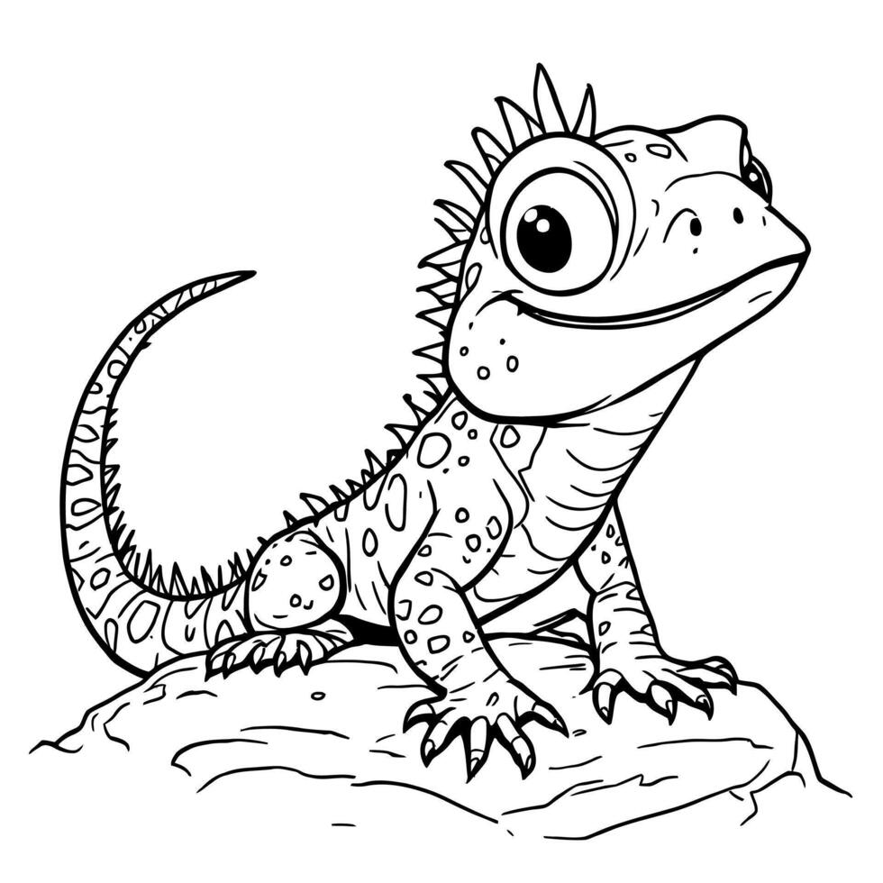Cute Baby Iguana Sitting on a Rock with Spikes and Big Eyes Line Art Coloring Page for Kids vector