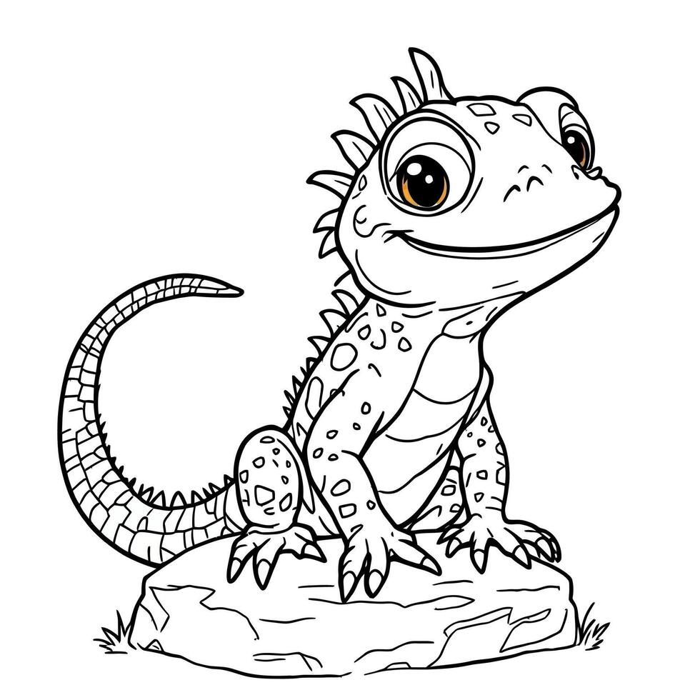 Cute Baby Lizard Sitting on a Rock Friendly Cartoon Reptile Line Art Coloring Page vector