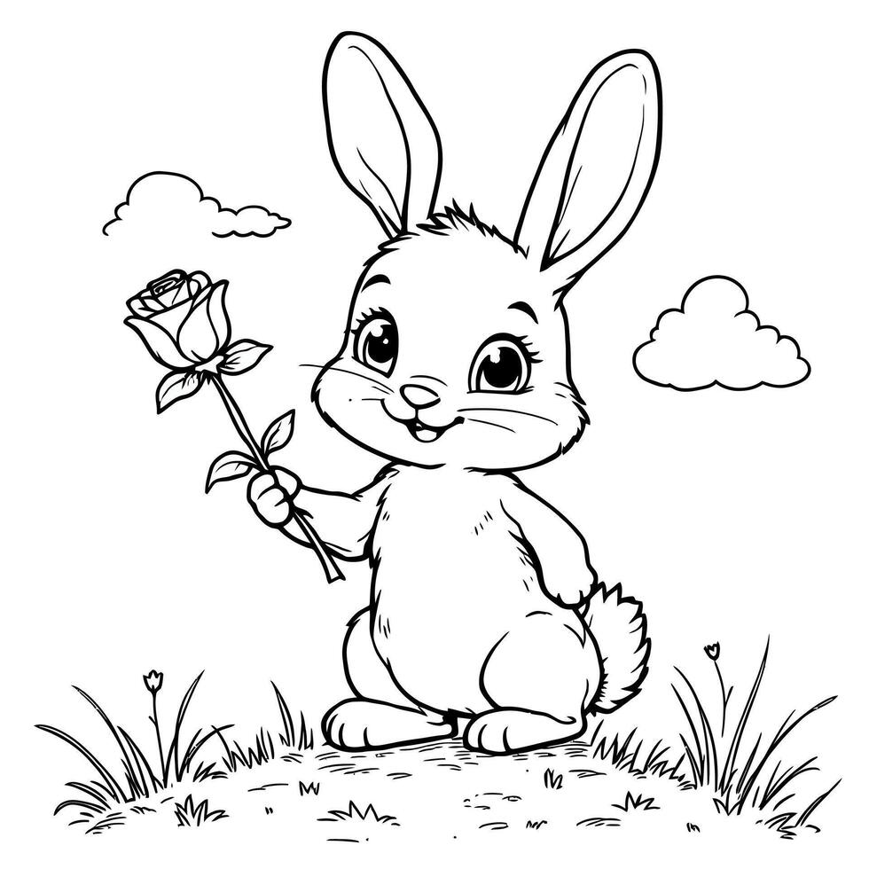 Adorable bunny holding a beautiful rose on a grassy hill with fluffy clouds in the sky line art coloring page vector