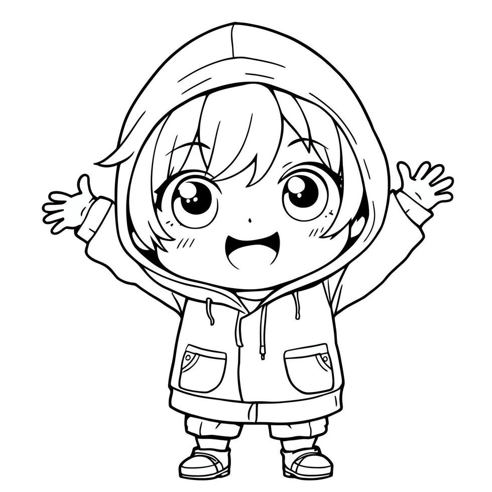 Cute Chibi Anime Character with Hoodie and Open Arms for Coloring Fun Line Art vector