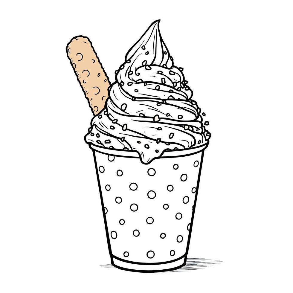 Soft Serve Ice Cream Cone in a Polka Dot Cup with Biscuit Stick and Sprinkles Line Art Coloring Page vector