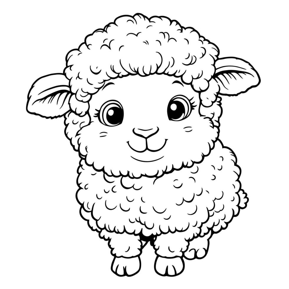 Cute Fluffy Baby Sheep Adorable Farm Animal Line Art Coloring Page vector