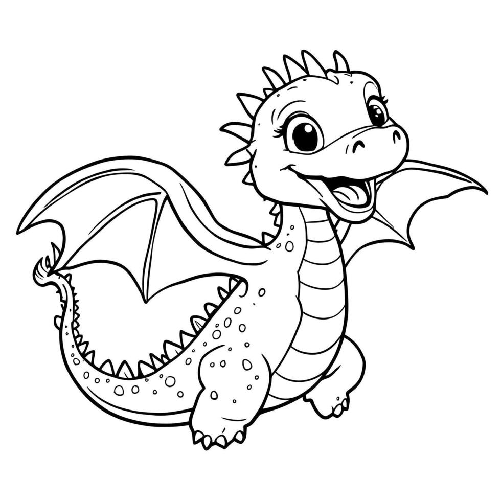 Cute Happy Baby Dragon Spreading Wings for Coloring Page Art vector