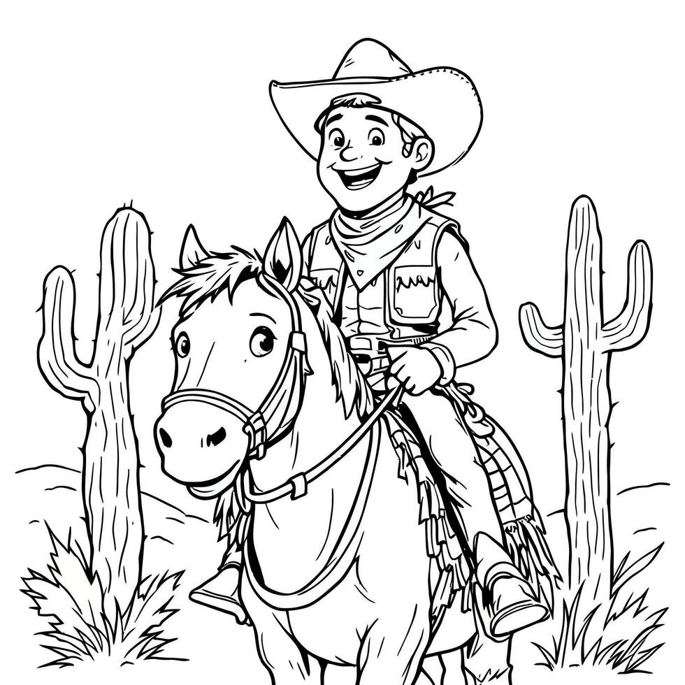 Happy Cowboy Riding a Horse Through the Desert with Cacti for a Coloring Page Activity vector