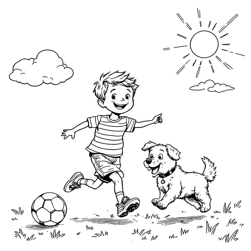 Happy Young Boy Playing Soccer with His Beloved Pet Dog on a Sunny Day Outdoors vector