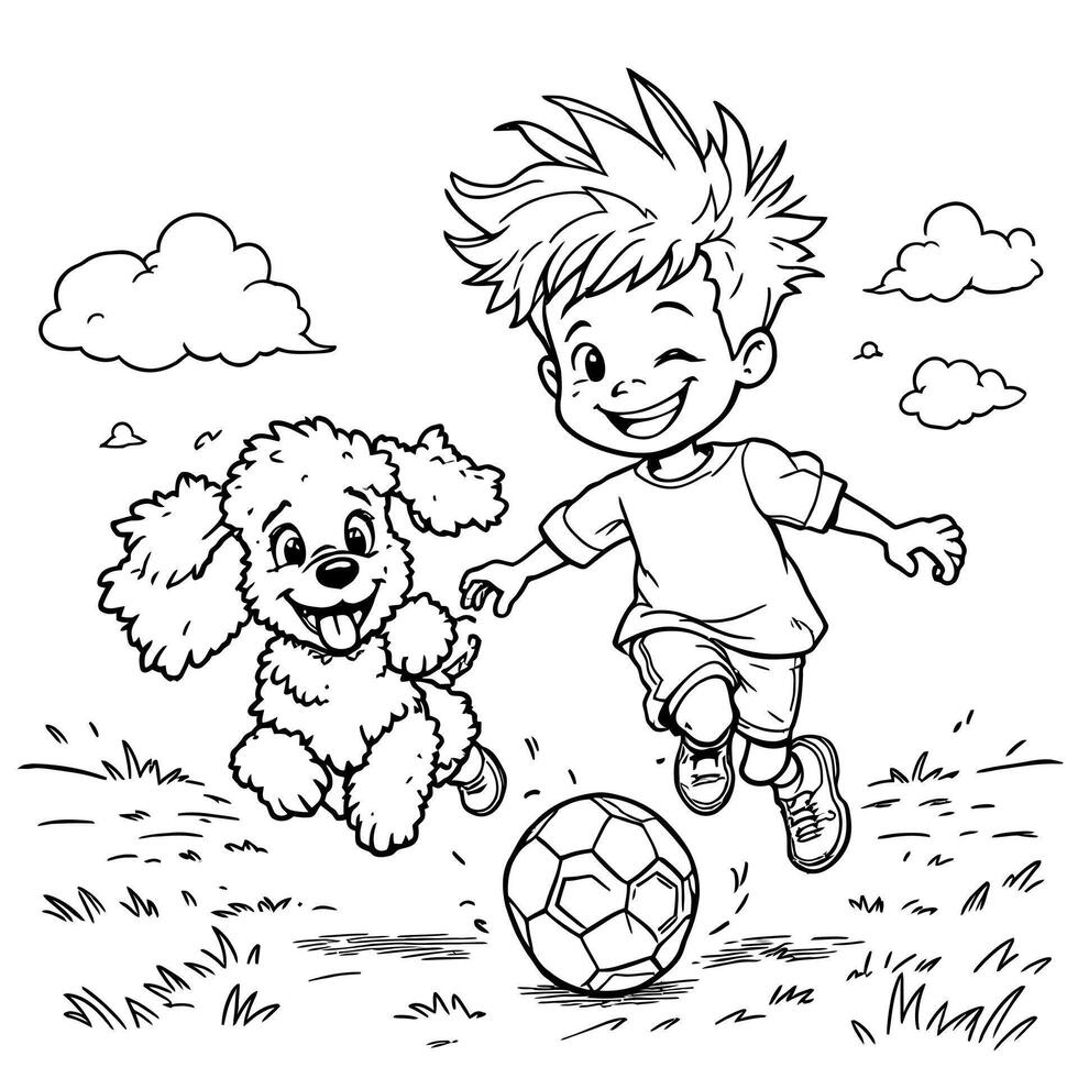 Joyful Boy and His Playful Puppy Enjoying a Game of Soccer Together Outdoors on a Sunny Day vector