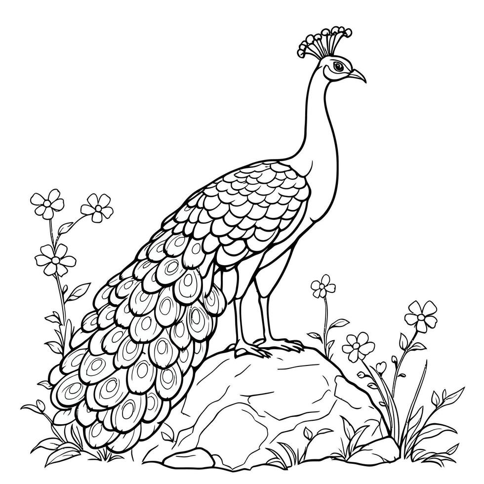 Elegant Peacock Standing Proudly on a Rock Surrounded by Delicate Flowers Line Art Coloring Page vector