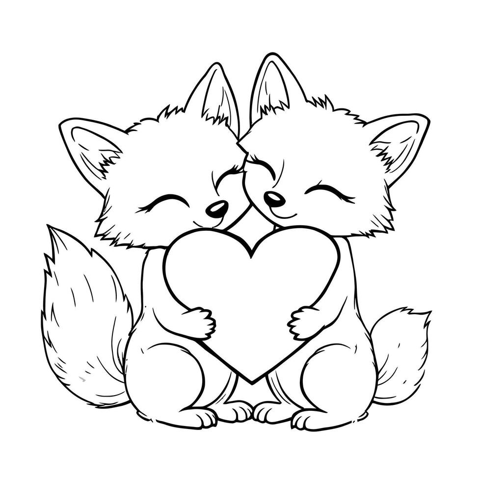 Adorable Line Art Illustration of Two Cute Foxes Hugging a Heart Shape Together for Coloring Fun vector