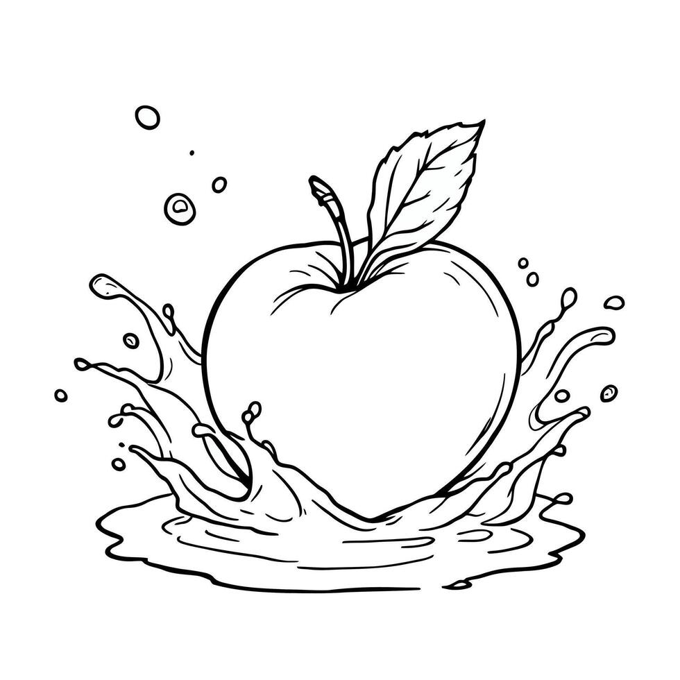 A Realistic and Detailed Line Art Coloring Page Featuring a Juicy Apple Splashing into Water with Bubbles and a Leaf vector